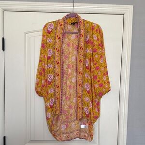 GiGio Mustard Yellow Floral Kimono Cardigan with Pink Roses - Size M